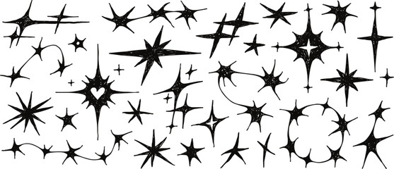 Hand drawn twinkle stars, y2k aesthetic sparkle shape tattoo. Abstract cosmic glitter sparkles, simple twinkling star doodles, magical glint, cybersigilism style celestial silhouette shapes vector set © Your Local Llamacorn