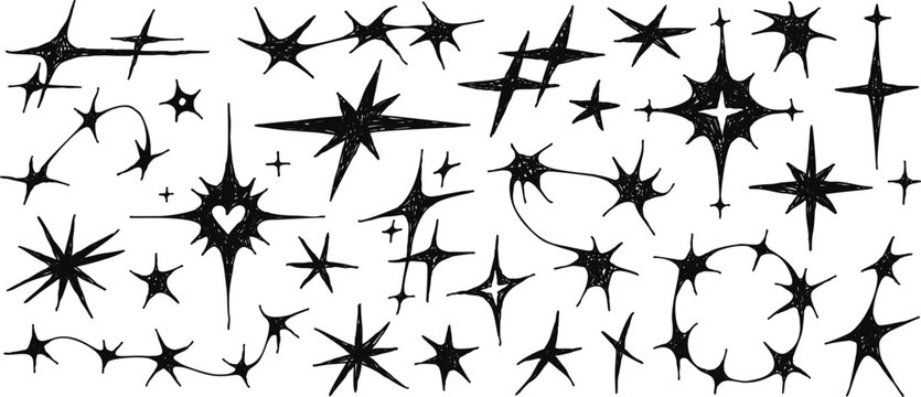 Hand drawn twinkle stars, y2k aesthetic sparkle shape tattoo. Abstract cosmic glitter sparkles, simple twinkling star doodles, magical glint, cybersigilism style celestial silhouette shapes vector set