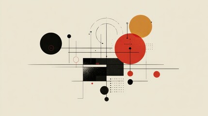 Obraz premium Abstract graphic art intersecting lines, circles, blocks on cream background, retro design