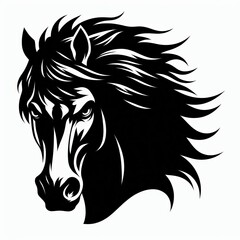 Powerful black horse head with flowing mane in silhouette