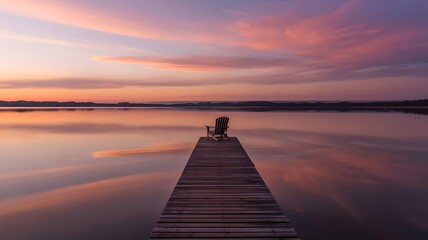 A serene dock extending into a tranquil lake, capturing a beautiful sunset reflected on the water