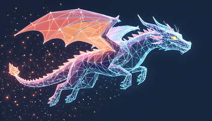 Low Poly Wireframe Dragon with Neon Wings in Dark Sky