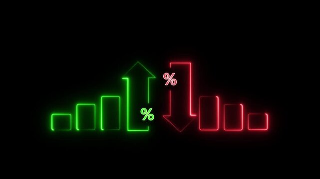 Glowing neon graph of Cost and quality control concept. Successful organization strategy and management. Percentage icon of quality and cost with up and down ,neon line blinking animation.