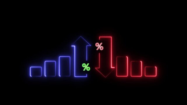 Glowing neon graph of Cost and quality control concept. Successful organization strategy and management. Percentage icon of quality and cost with up and down ,neon line blinking animation.