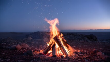 A mesmerizing campfire burning brightly under a starlit sky, with glowing embers, radiating warmth and creating an inviting ambiance.