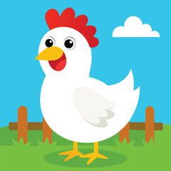 A cheerful cartoon white hen with a bright yellow beak and red comb stands happily in a green grassy field with a wooden fence and a fluffy white cloud against a bright blue sky