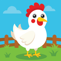 Adorable cartoon white chicken with bright red comb and wattles standing in a grassy farmyard with a wooden fence and blue sky with clouds