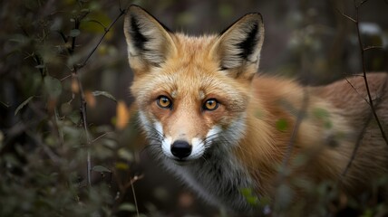 Obraz premium A captivating close-up of a red fox, its eyes focused directly at the viewer, partially concealed within the foliage. The fox's vibrant fur and intelligent gaze make for a stunning portrait.
