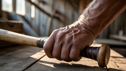 A close-up shot captures a man's hand gripping a baseball bat, emphasizing strength and determination. The scene evokes a sense of readiness and anticipation