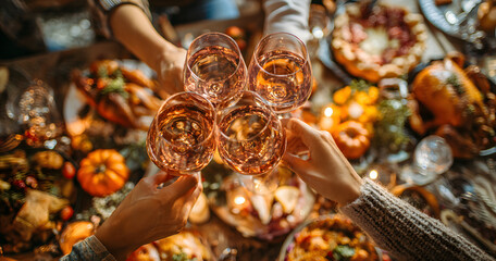 Family celebrating Thanksgiving day. Flat-lay of feasting peoples hands clinking glasses with rose wine over Friendsgiving table with traditional Fall food, roasted turkey, pumpkin pie, top view