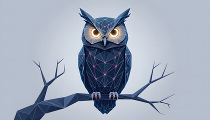 Low Poly Neon Wireframe Owl Sitting on a Tech Branch