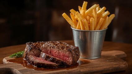 beef steak french fries with ketchup