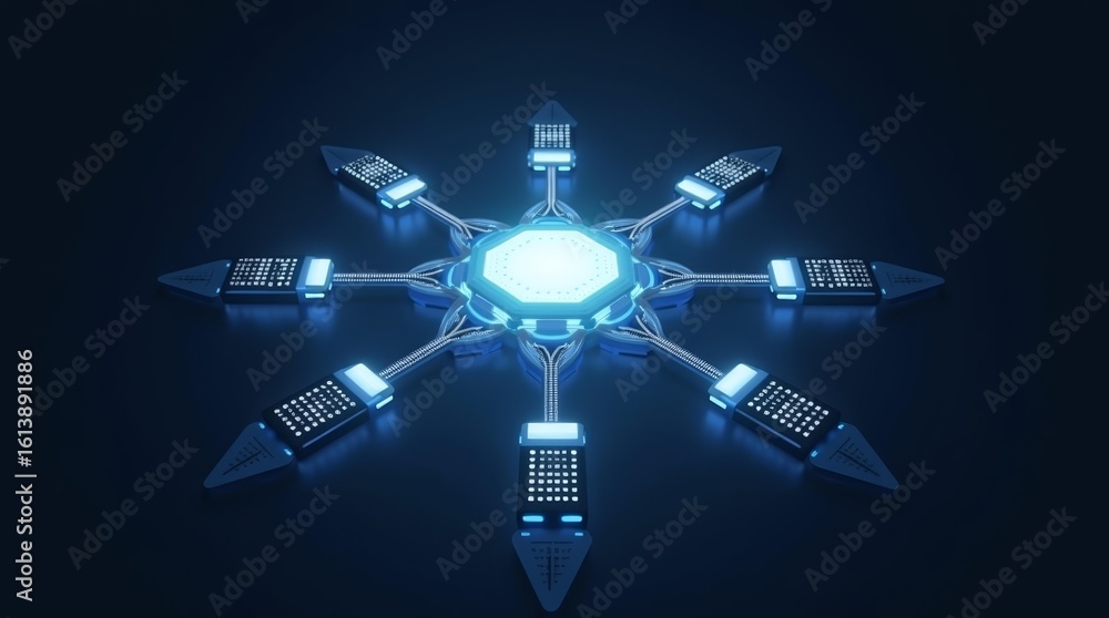 Poster abstract glowing infrastructure hub for cloud platform and enterprise network design