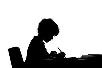 Silhouette of child drawing and studying at desk