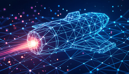 Futuristic Wireframe Spacecraft in Blue Neon Low Poly Style