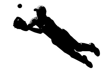 Baseball player diving catch silhouette, concentrated sportsman making a spectacular diving catch