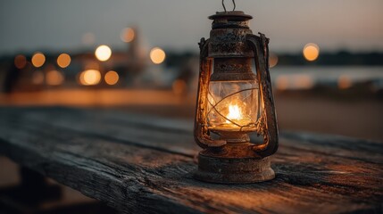 Illuminated vintage lantern casting warm glow on rustic wooden surface at dusk creating cozy atmosphere