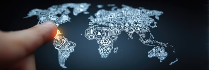 World map with overlaid icons, highlighted by a finger