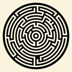 Draw an intricate labyrinth design, focusing on circular black lines forming a maze