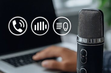 Laptop, microphone, and communication icons