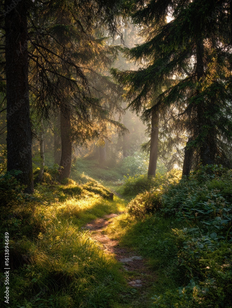 Poster open path through misty forest symbolizes a journey of learning under soft sunlight with trees frami