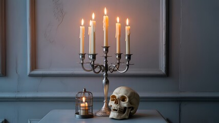Eerie candelabra illuminates a skull and lantern on a table with a faded painting behind