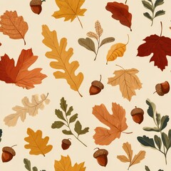 Obraz premium Fall foliage pattern colorful autumn leaves & acorns scattered on a neutral background