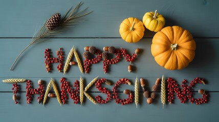 Happy thanksgiving message crafted from autumn ingredients with pumpkins and pinecone on a blue wooden background