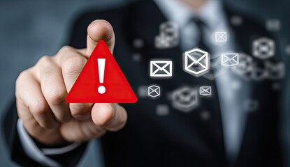 Businessperson's finger points at a red warning triangle with an exclamation mark.  Email icons float around