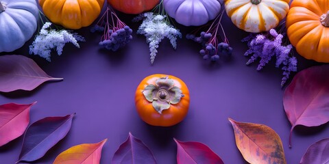 Vibrant autumn harvest display featuring a single persimmon surrounded by colorful gourds and fallen leaves