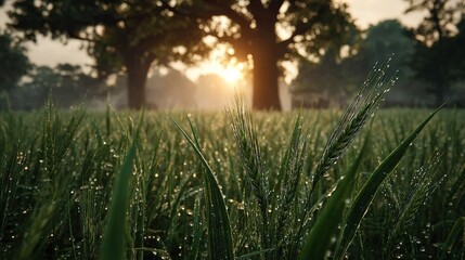   Through fields of grass, sun shines,
Droplets glistening on blades,
Trees framing view in background
