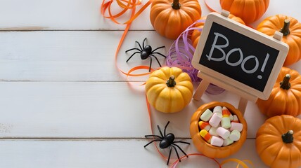 Festive halloween pumpkins and spiders with a boo sign on a white wooden surface