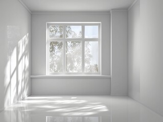 Sunlight streams into a clean, spacious room, illuminating a crisp, empty interior, inviting a sense of tranquility and minimalistic aesthetic.