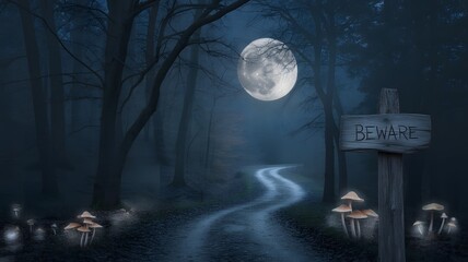 Enchanting moonlit forest path with glowing lanterns and a mysterious signpost