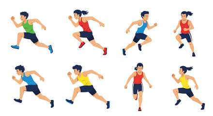 
flat style illustration set of diverse sprinters in various dynamic running poses, capturing the speed and energy of track and field athletes in action