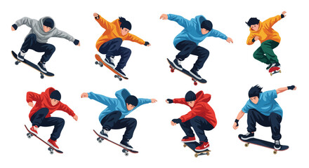 flat style illustration set of skateboarders performing various tricks and poses, capturing the energetic spirit of skateboarding culture and urban sports