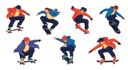 flat style illustration set of skateboarders performing various tricks and poses, capturing the energetic spirit of skateboarding culture and urban sports