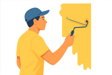 A skilled painter is applying yellow paint to an interior wall with a roller during a home renovation