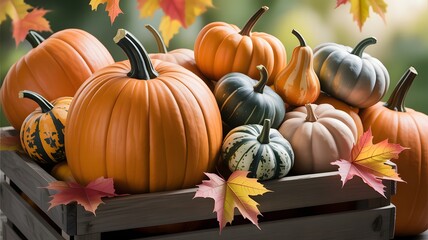 Abundant harvest of assorted pumpkins and gourds in a rustic wooden crate with autumn leaves
