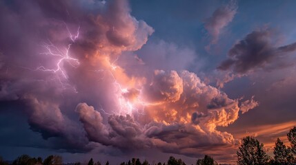   A giant cloud with a lightning bolt above it and trees on the roadside