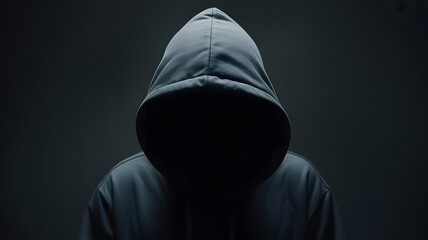 Mysterious figure in a dark hooded sweatshirt with face obscured by shadow