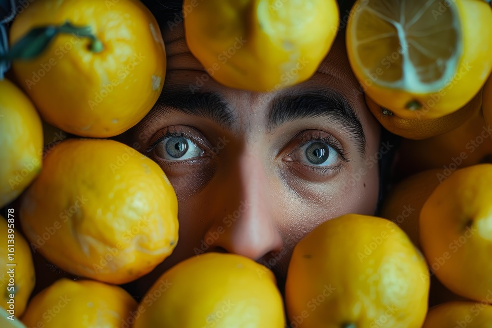 Poster close up of a man peering through a pile of lemons, creating a vibrant and intriguing composition