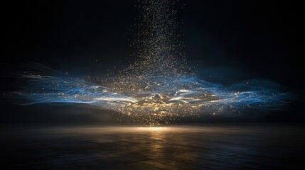 An ethereal cascade of golden particles descends into a captivating swirl of blue energy against a dark backdrop, evoking a sense of cosmic mystery and wonder. 