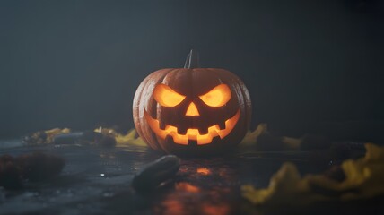 Spooky jack o lantern glowing with an eerie light on a dark and misty halloween night