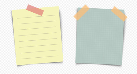 Sticky paper notes with tape on transparent background, lined and grid sheet design for collage, scrapbooking or reminder layout