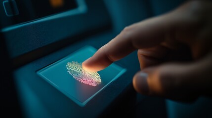 A hand pressing its fingerprint on a futuristic glowing sensor. capturing the advanced authentication process.