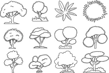 Obraz premium Tree and plant illustration set, varied foliage, trunk design, nature drawing, botanical art, forest elements, black and white style, sketch collection