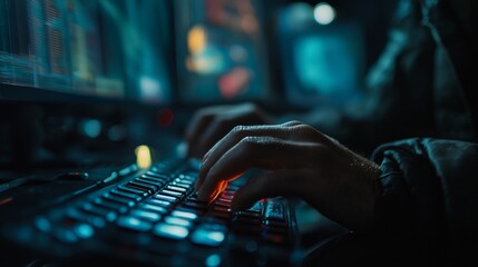 A person's hands rapidly typing on the keyboard in a dimly lit room, immersed in the digital world and showcasing the fast-paced intensity of computer usage.