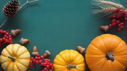 Autumn harvest border with pumpkins berries and pinecone on teal background