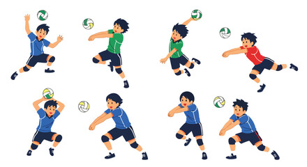 flat style illustration set of volleyball players in various action poses like serving, setting, spiking, and receiving, showcasing teamwork and sports activity